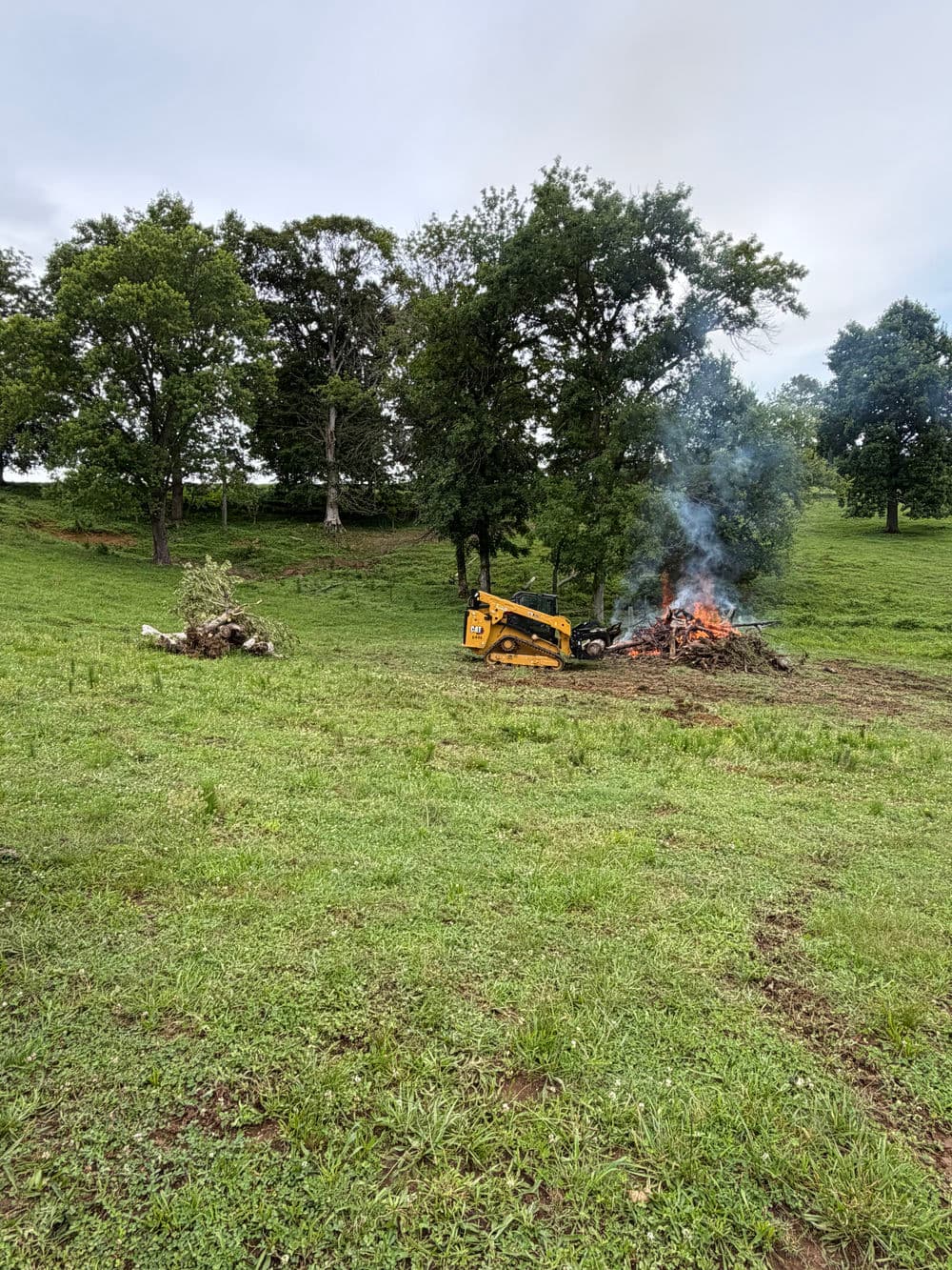 Skid steer removing debris and burning brush in a grassy field with trees in the background.