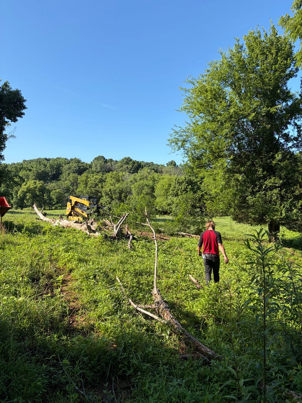 Worker guiding machinery in a lush green field with fallen tree and forest backdrop.